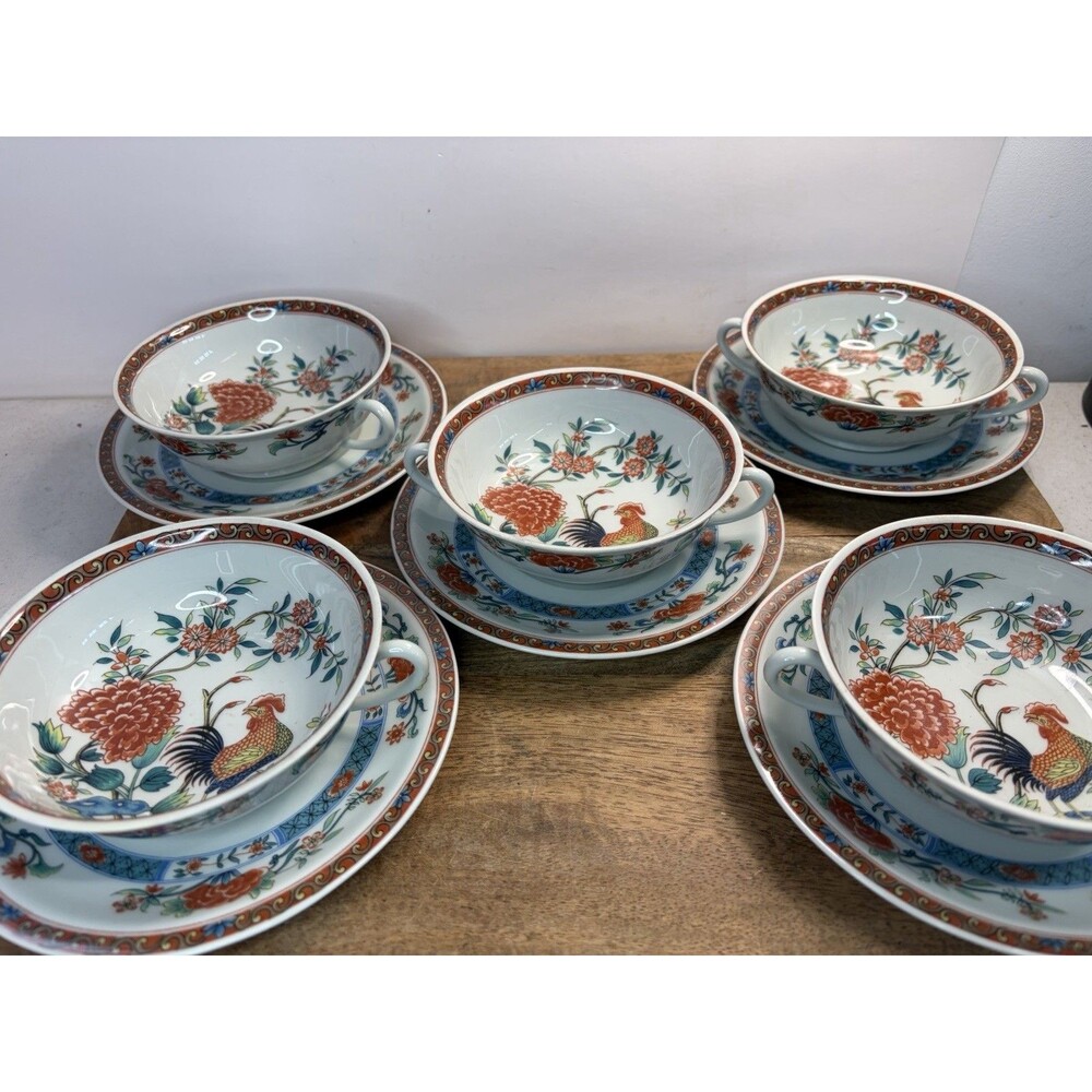 5 Rare Haviland Limoges France Soup Bowls and Saucers “Pate Celadon Au coq” READ